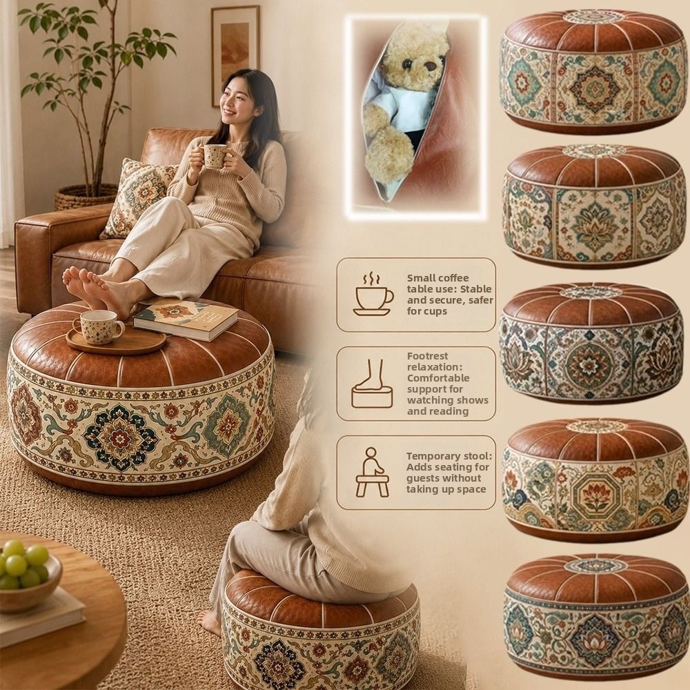 Floor Cushion Pouf - Yeni PU Deri Osmanlı Pufu Boho